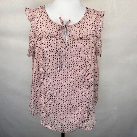 Adrienne Vittadini Tops - Adrienne Vittadini Women Blouse Sz L Sheer Pink Floral Split Neck Ruffle Sleeve